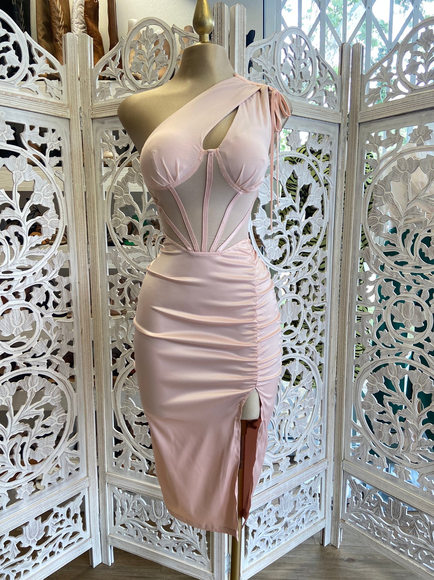 Baby Pink Satin Midi Cutout Dress