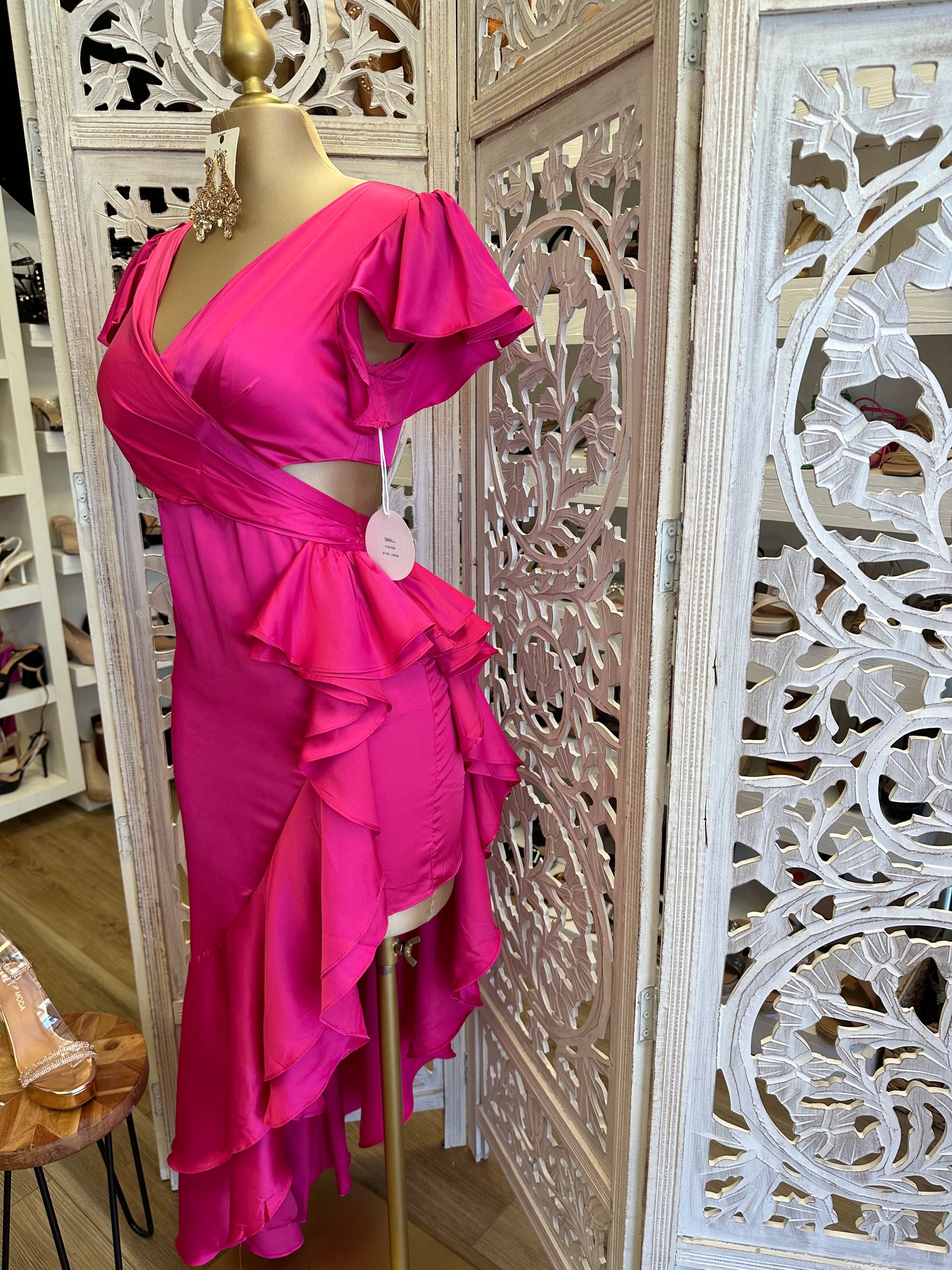 Pink Satin Ruffle Cutout Dress