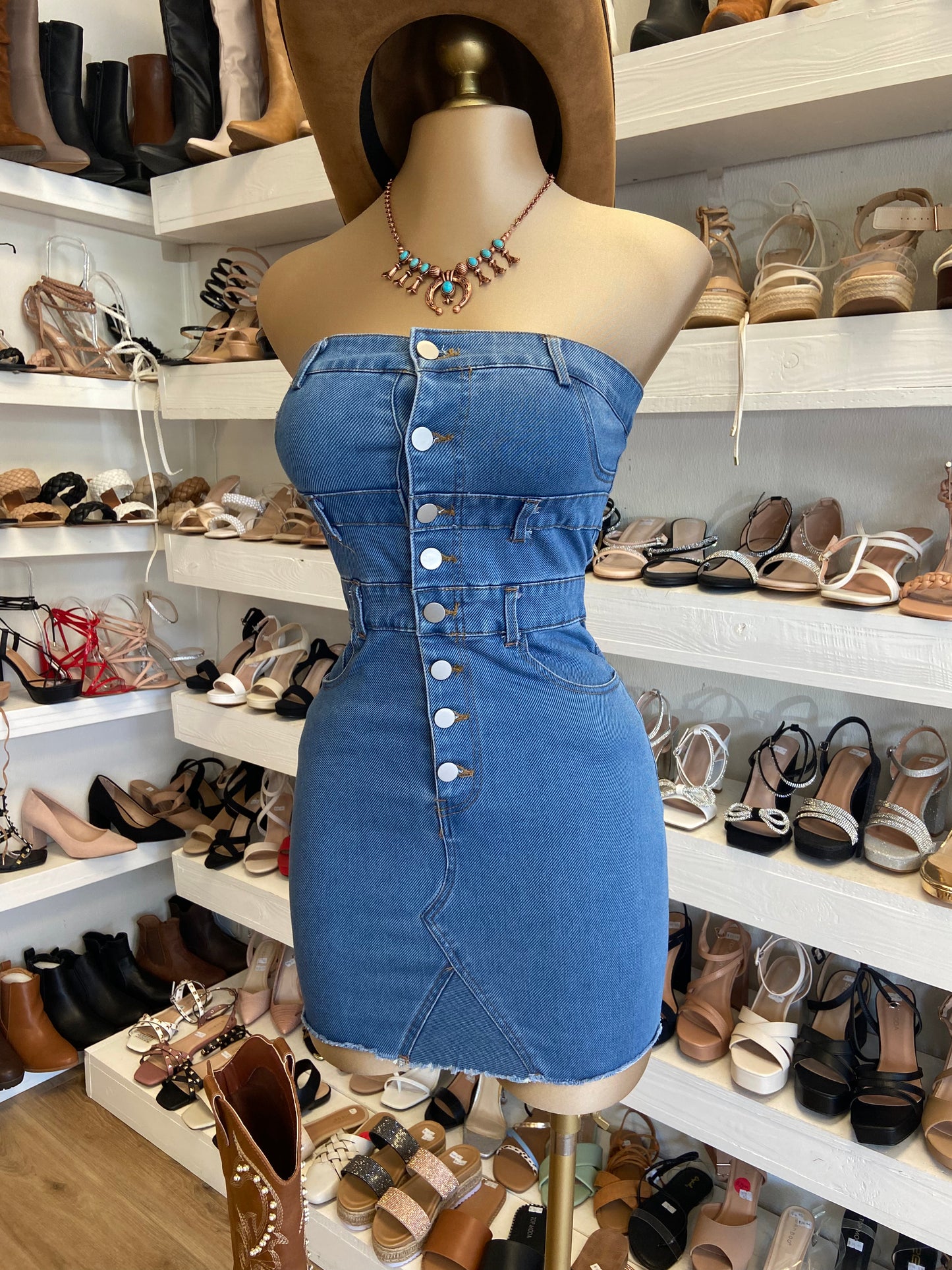 Strapless Button Up Denim Dress