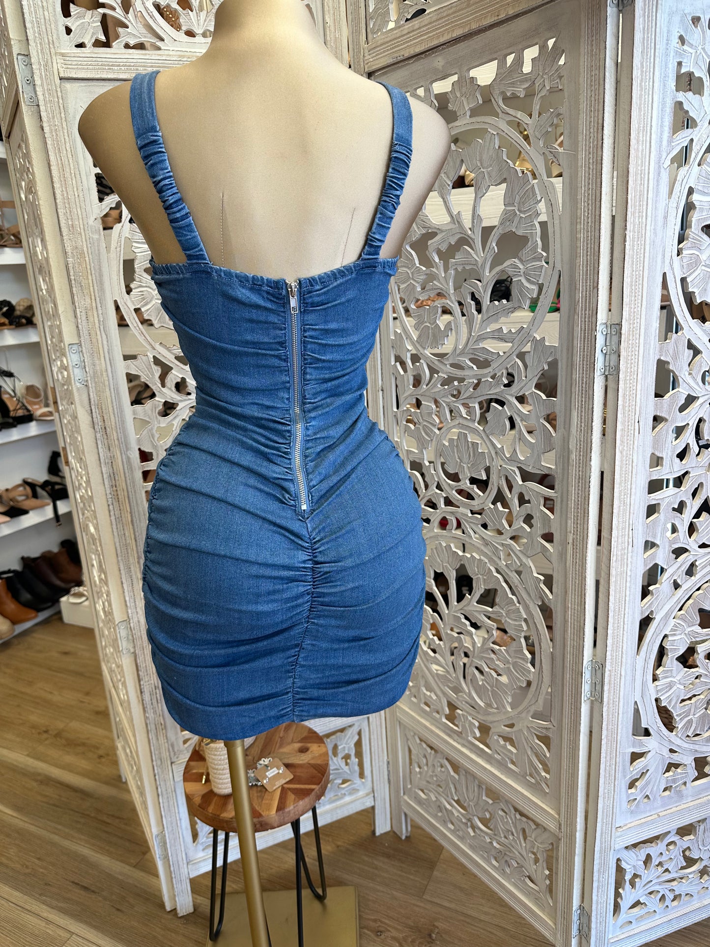 Denim Scrunched Cutout Dress