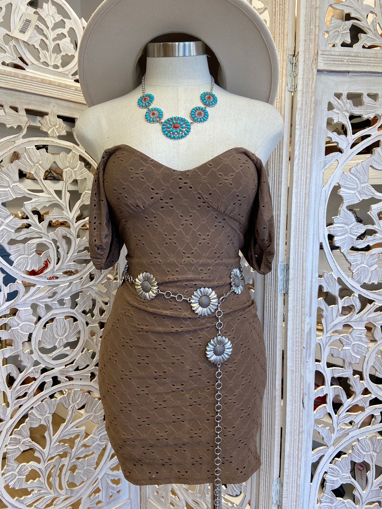 Brown Eyelet Body Con Dress