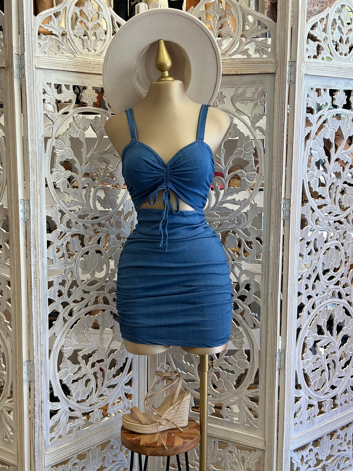 Denim Scrunched Cutout Dress