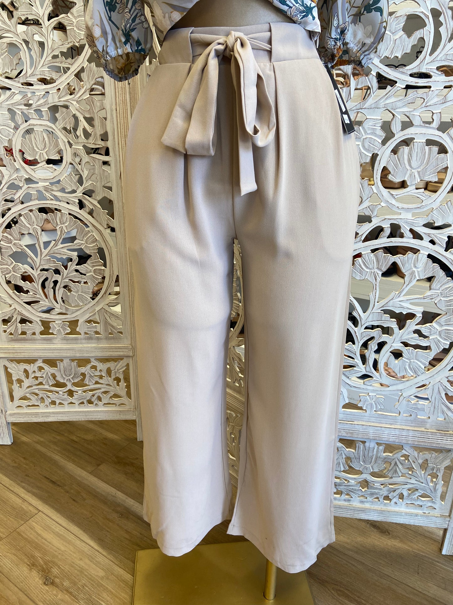 Beige Belted Straight Pants