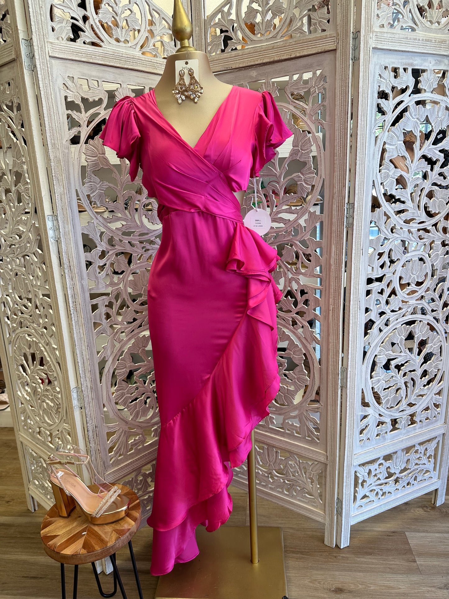 Pink Satin Ruffle Cutout Dress