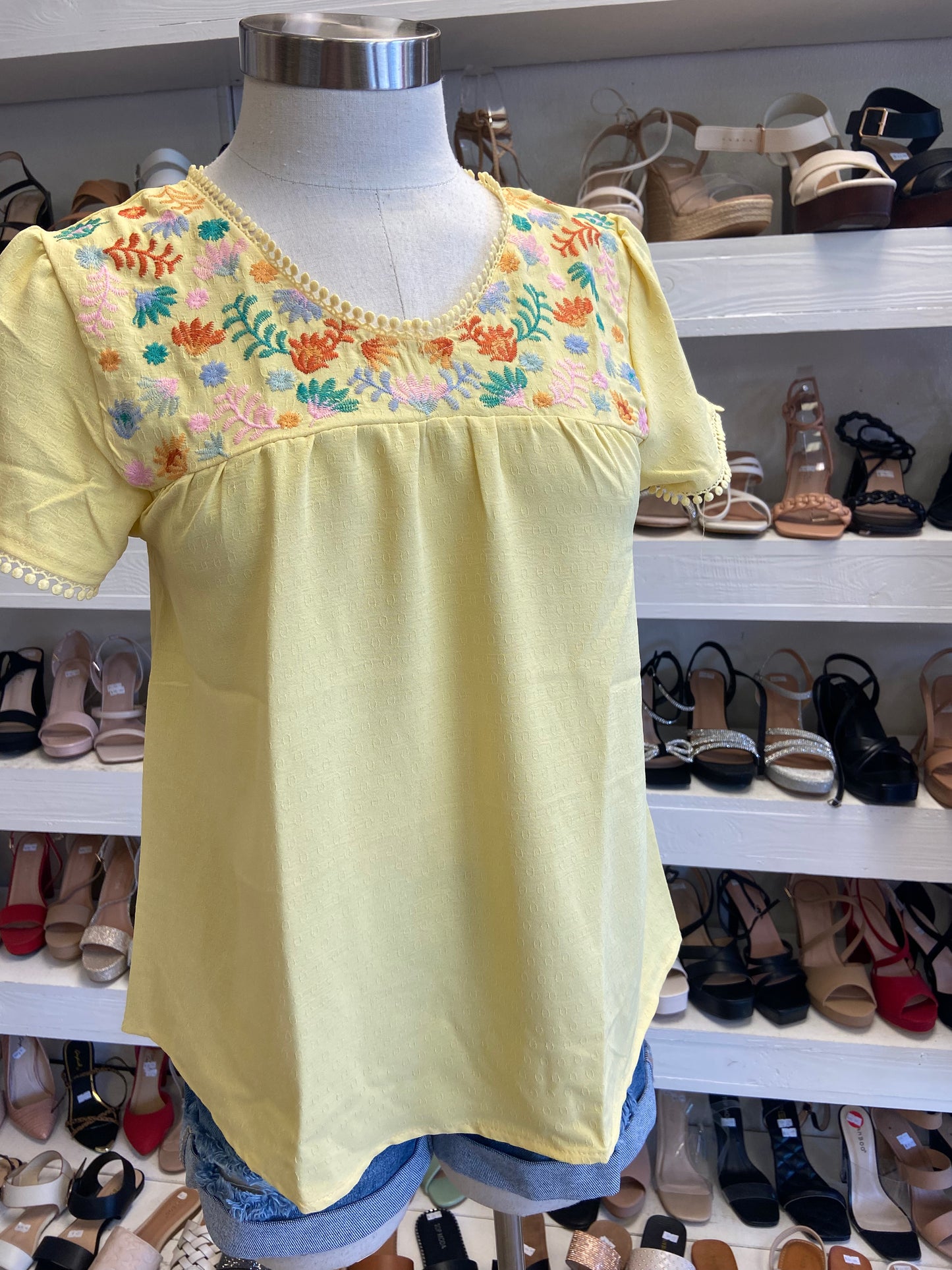 Yellow Embroidered Short Sleeve Top