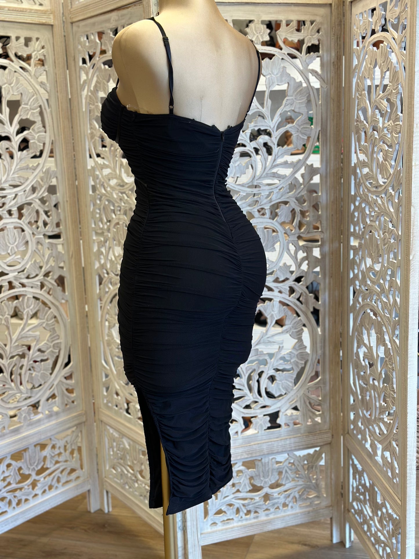 Black Satin Trim Midi Dress