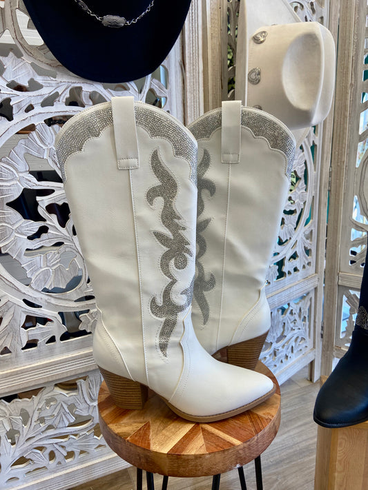 White Rhinestone Design Western Boots