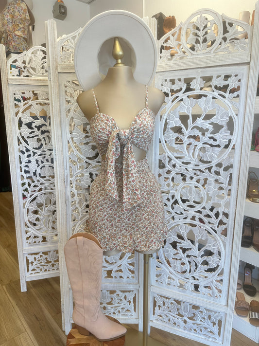 Ivory Floral Smocked Tie Front Set
