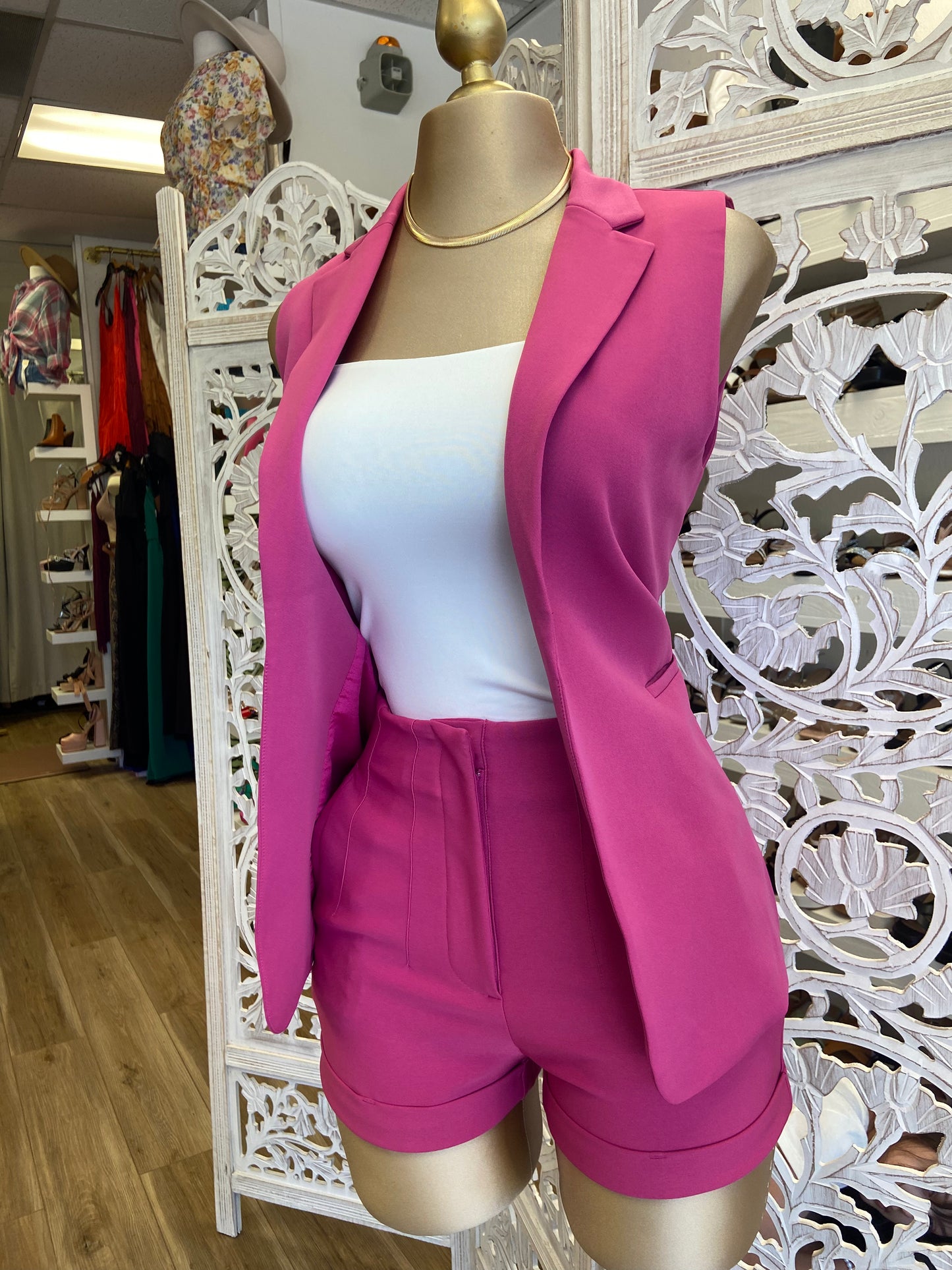 Magenta Vest Blazer Short Set