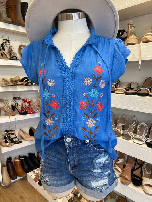Lace Trim Blue Embroidered Blouse