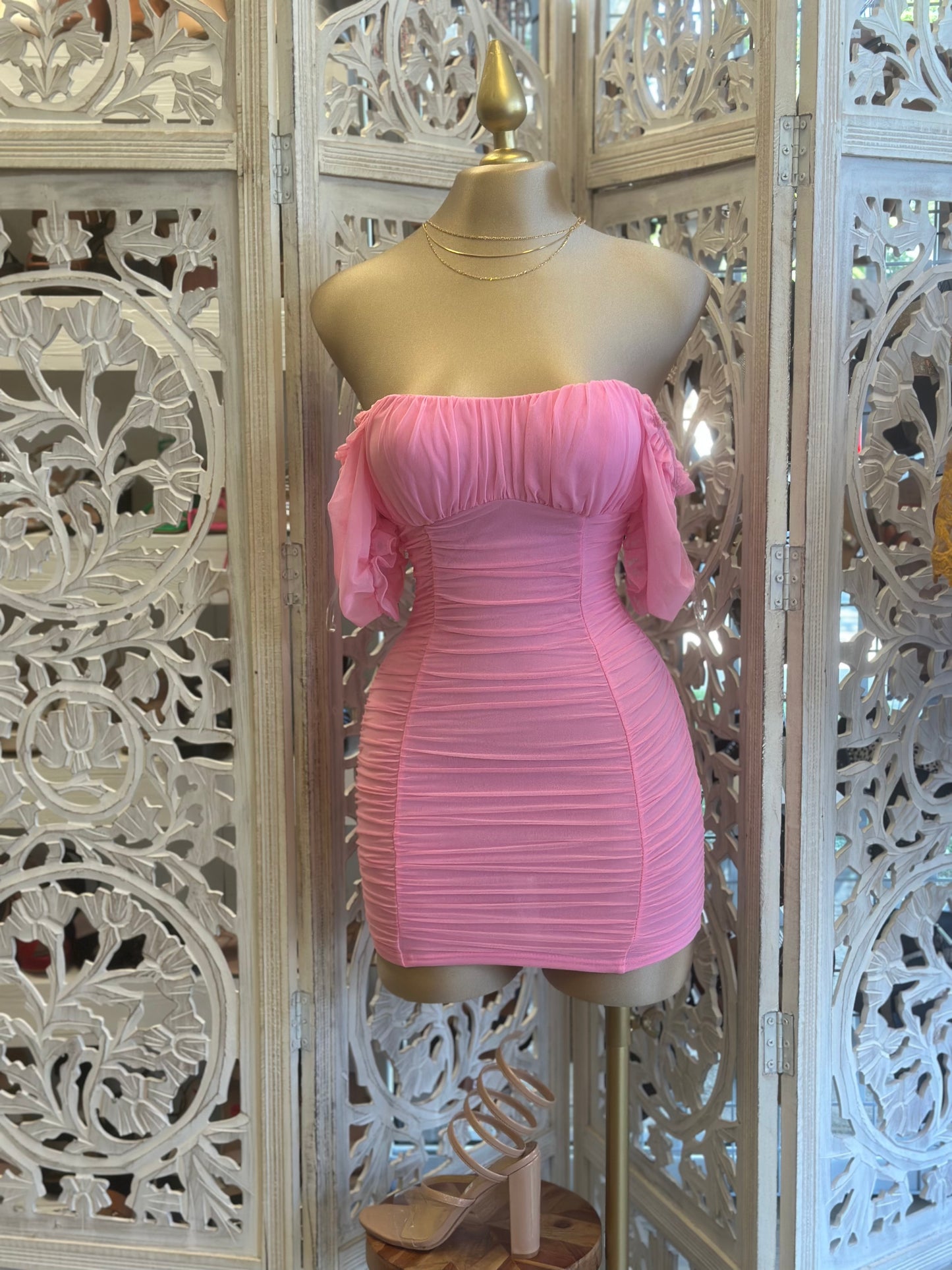 Mesh Sleeve Pink Mini Dress