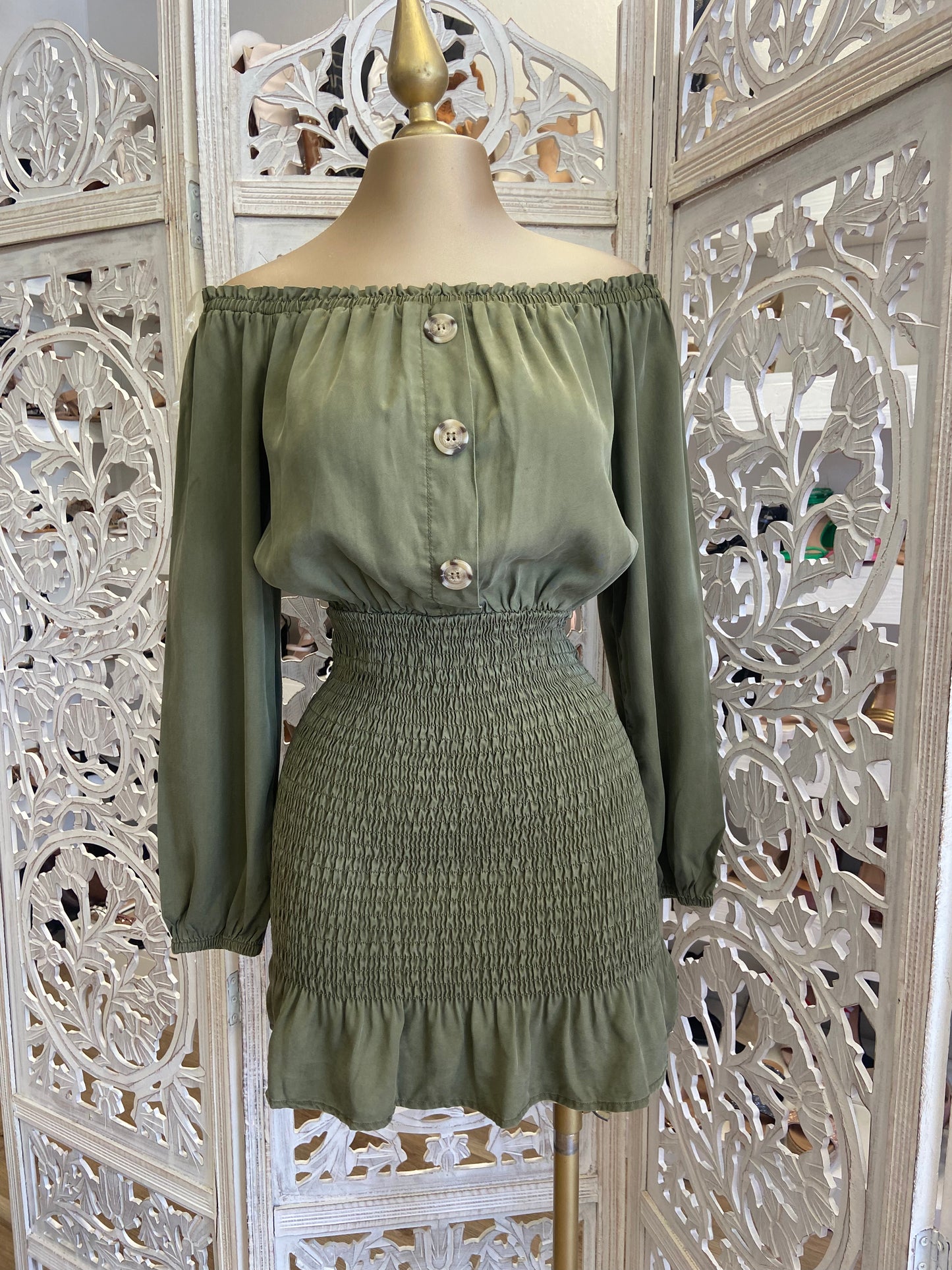 Olive Smocked Off Shoulder Dress