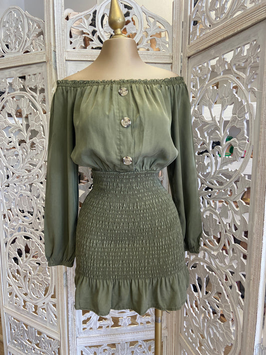 Olive Smocked Off Shoulder Dress