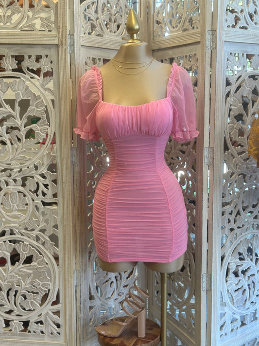 Mesh Sleeve Pink Mini Dress