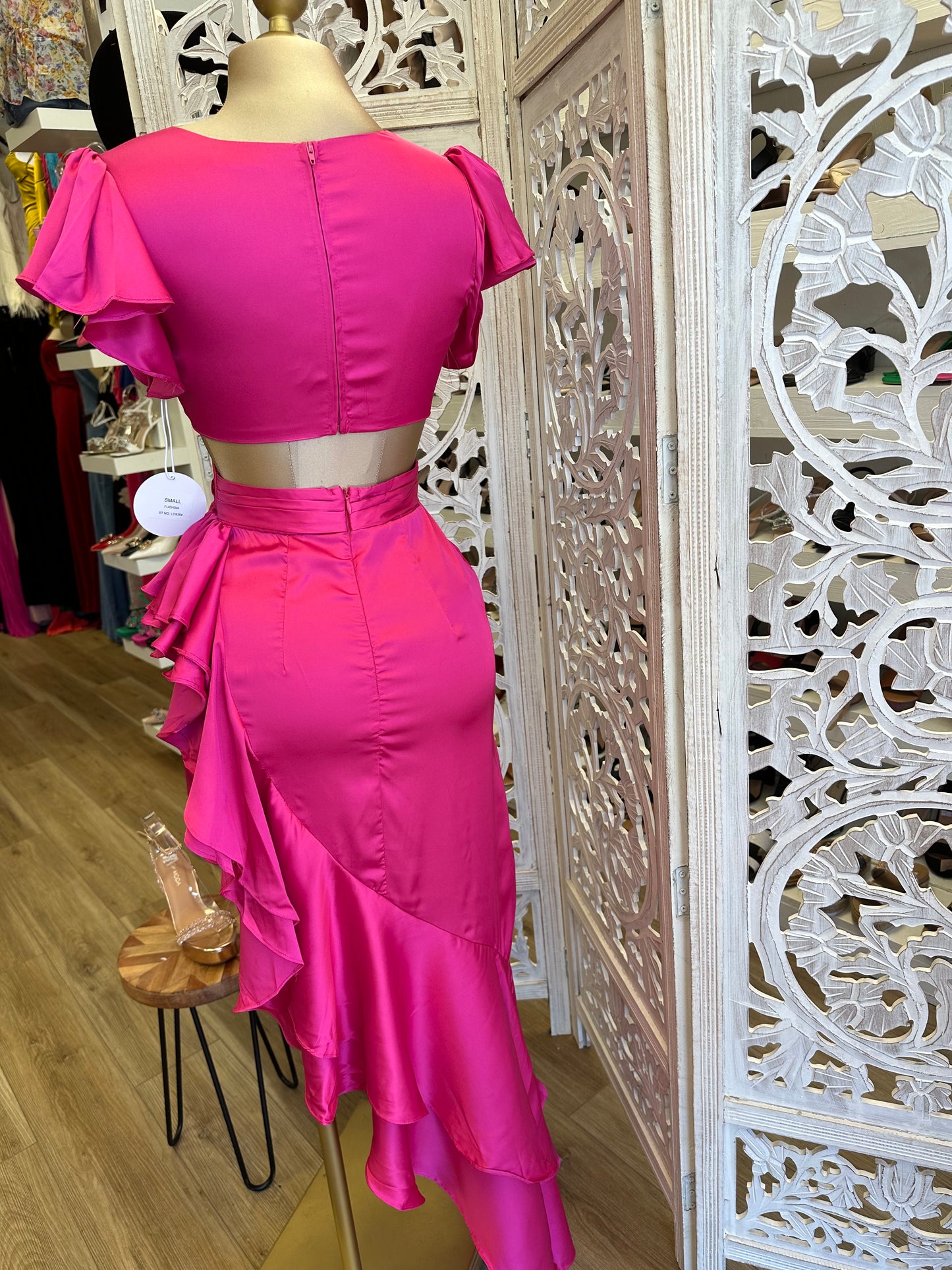 Pink Satin Ruffle Cutout Dress