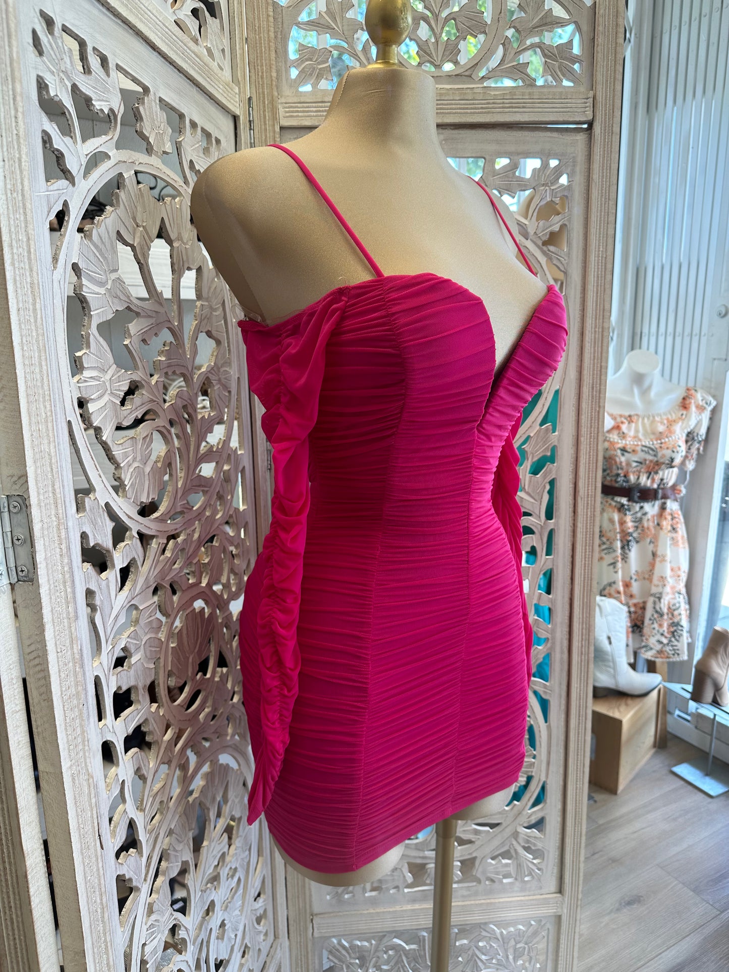 Pink Ruched Sleeve Mini Dress