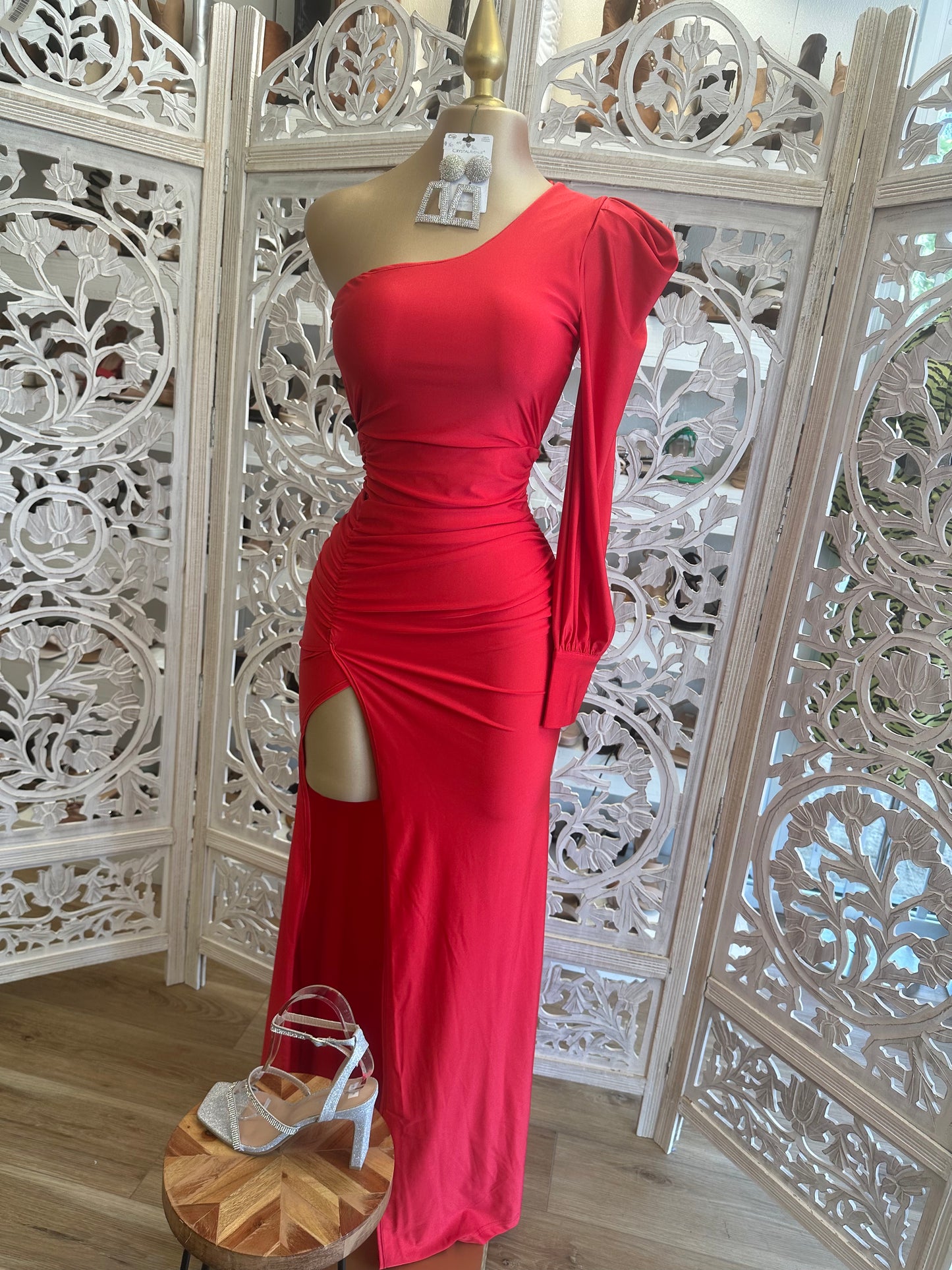 Red Puff Sleeve Formal Dress