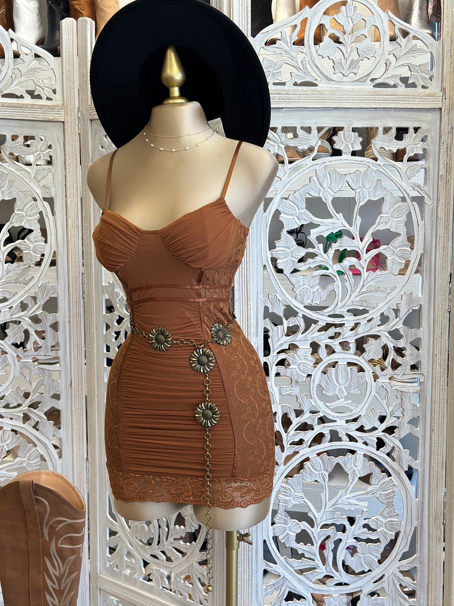 Cognac Lace Trim Mini Dress