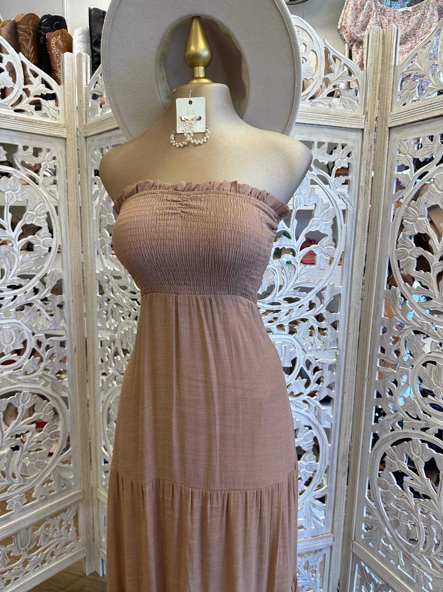 Brown Strapless Smocked Midi Dress