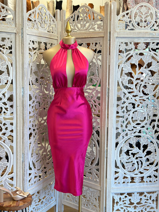 Hot Pink Chain Halter Neck Dress