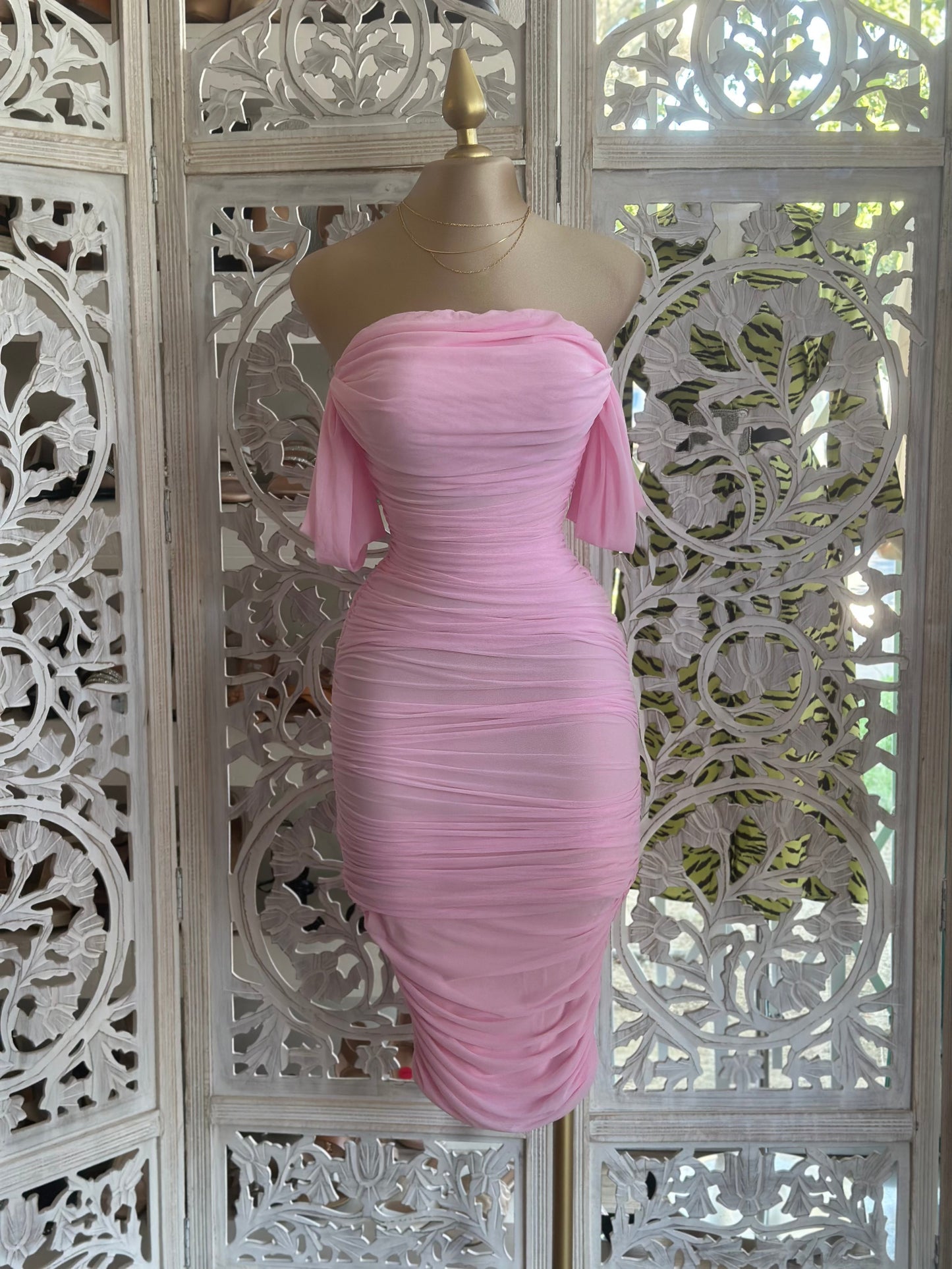 Pink Midi Ruched Dress- Stretchy