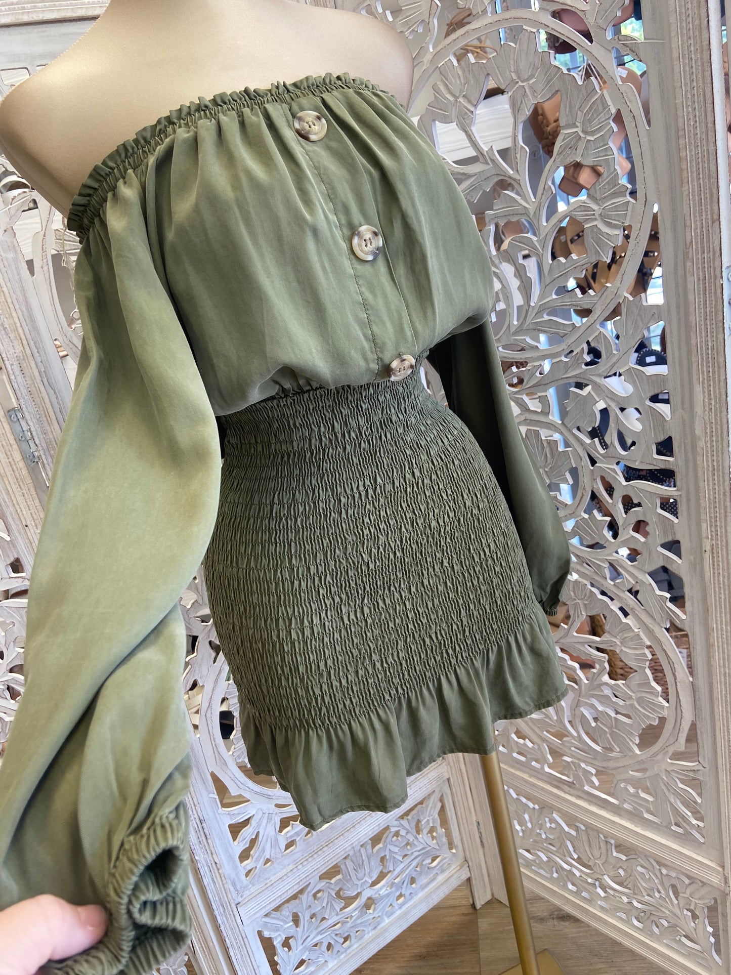 Olive Smocked Off Shoulder Dress