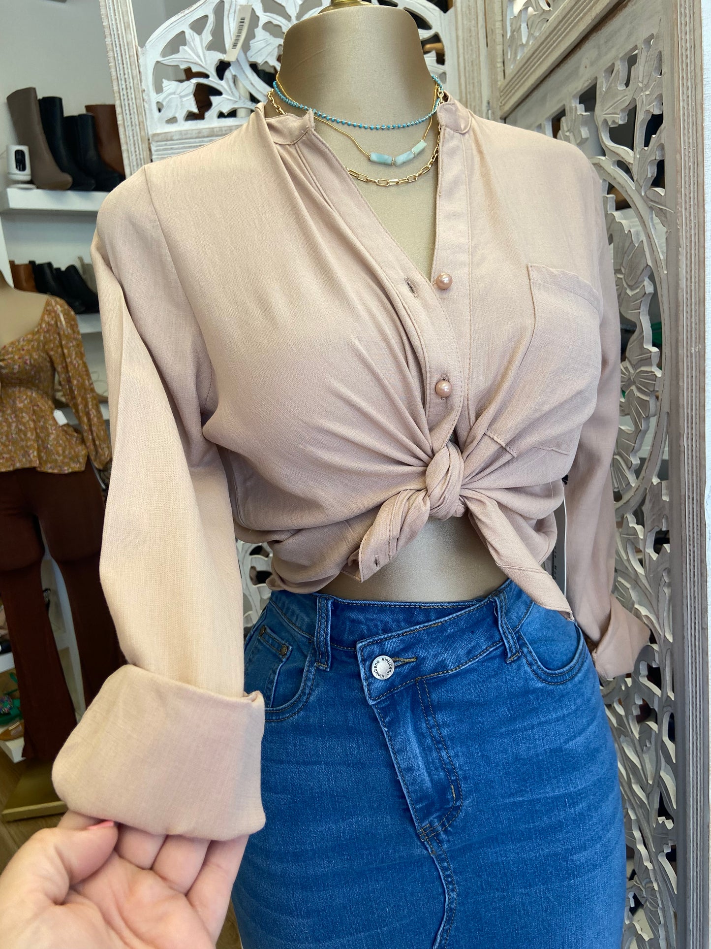 Beige Pearl Button Top