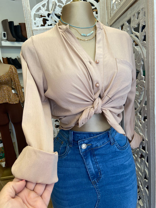 Beige Pearl Button Top