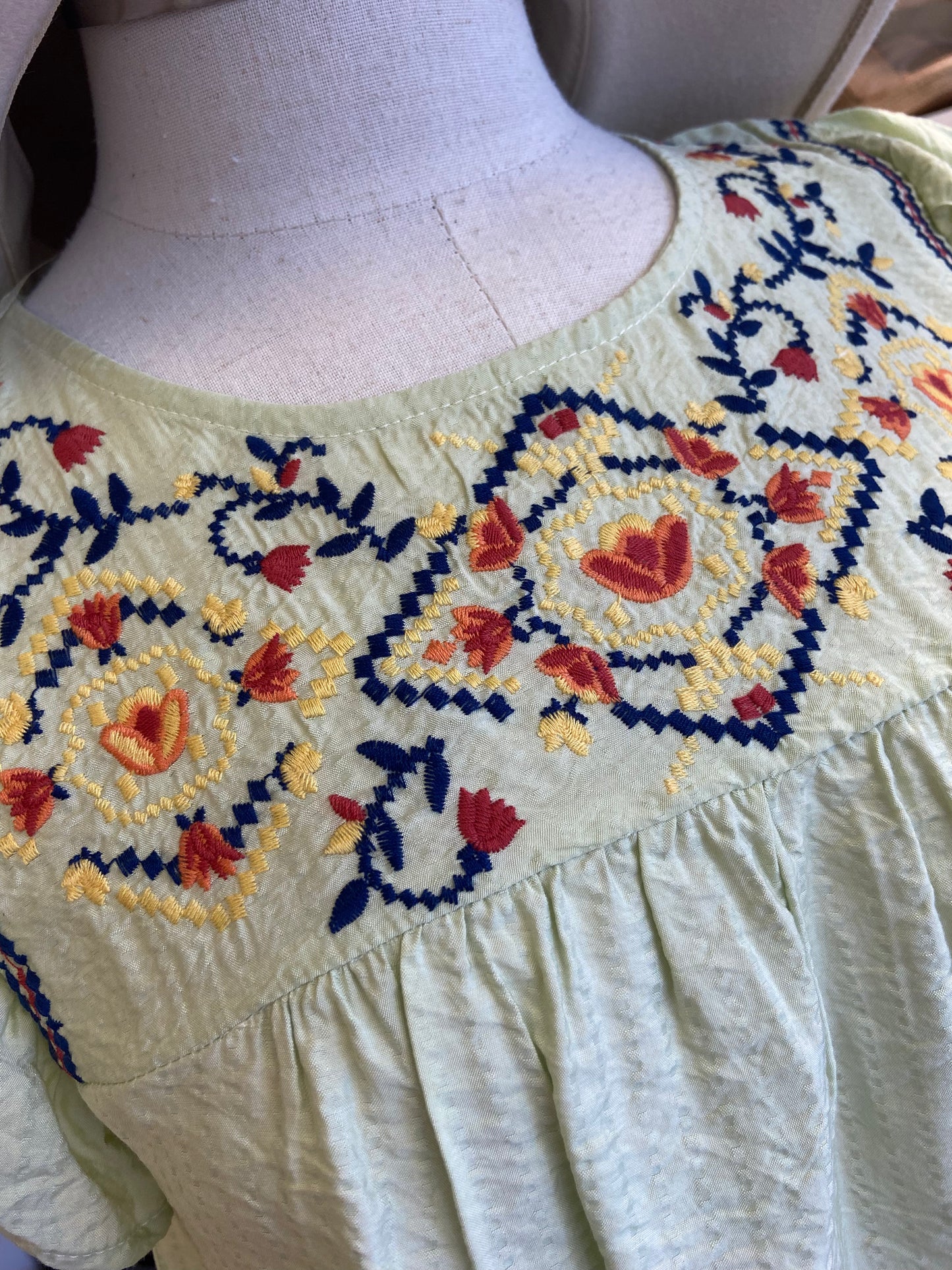 Green Embroidered Short Sleeve Top