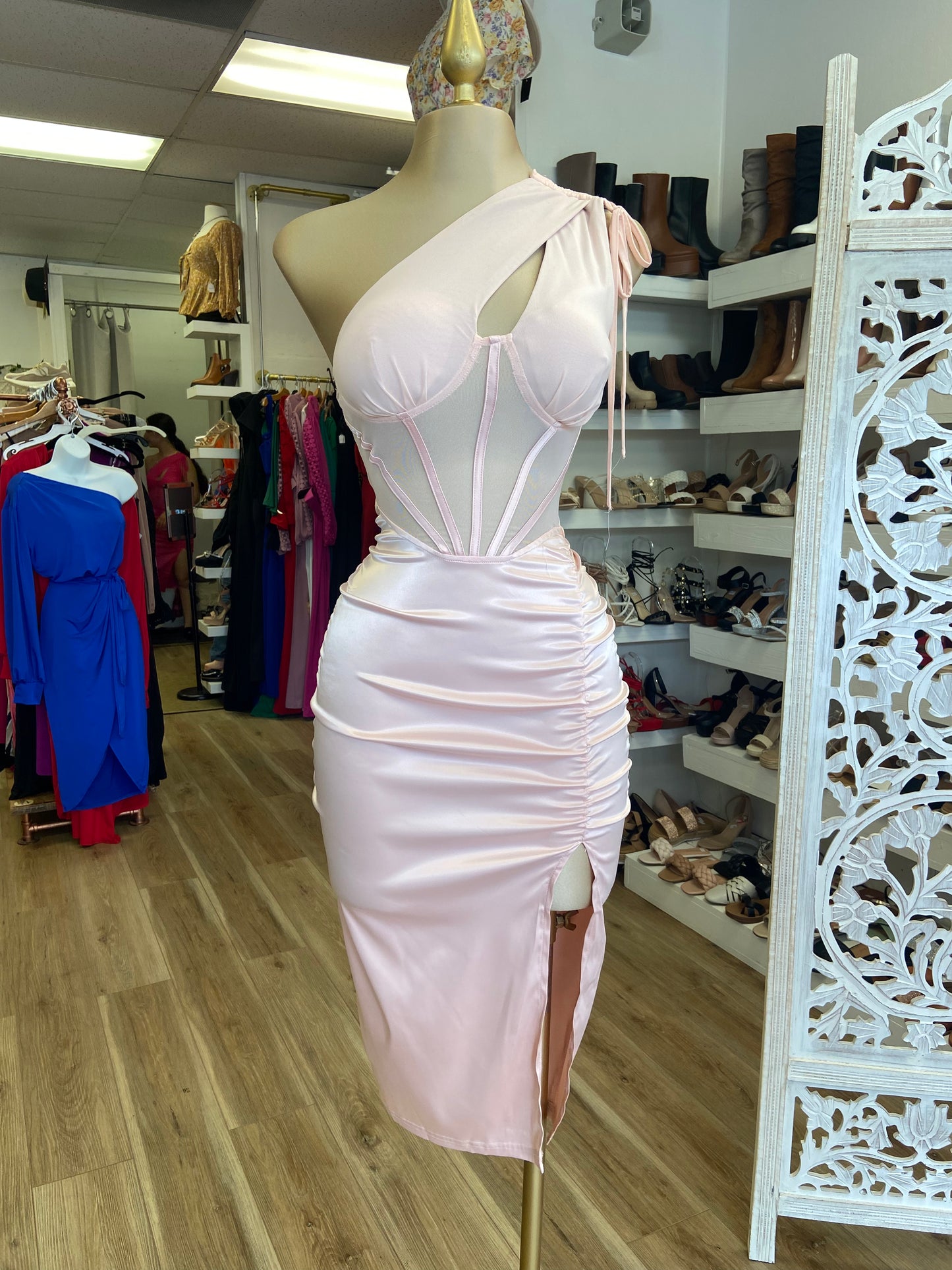 Baby Pink Satin Midi Cutout Dress