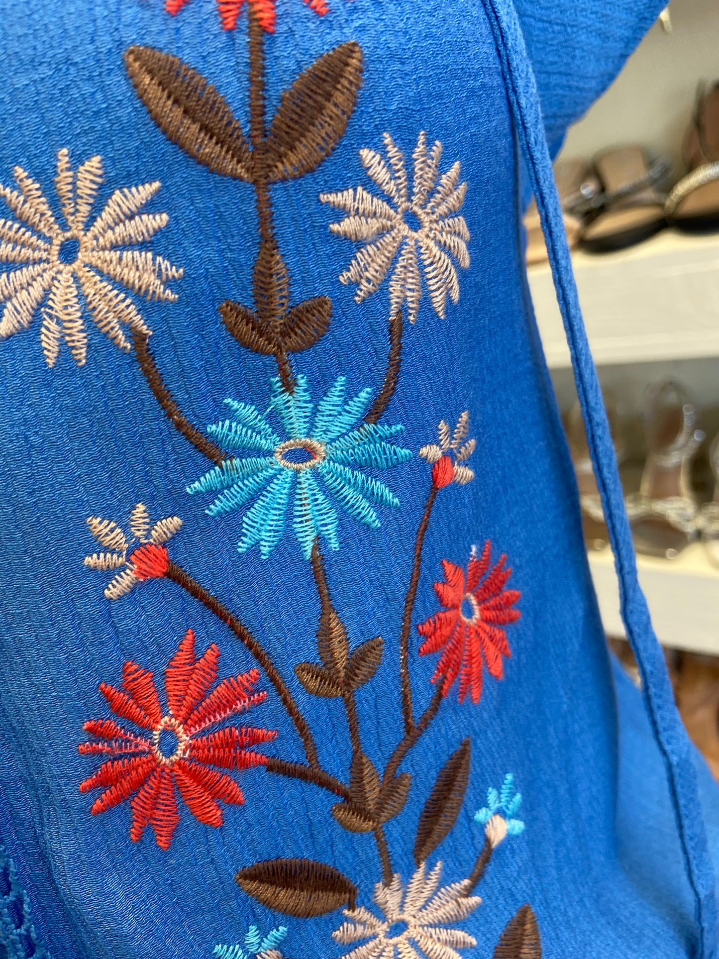 Lace Trim Blue Embroidered Blouse