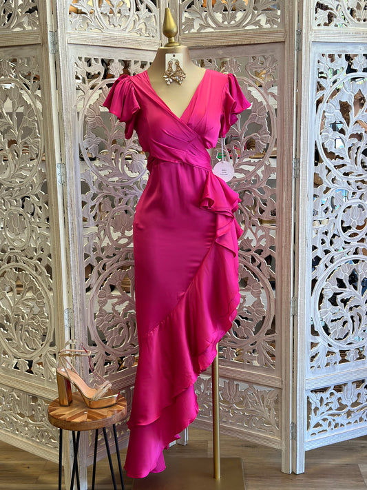 Pink Satin Ruffle Cutout Dress