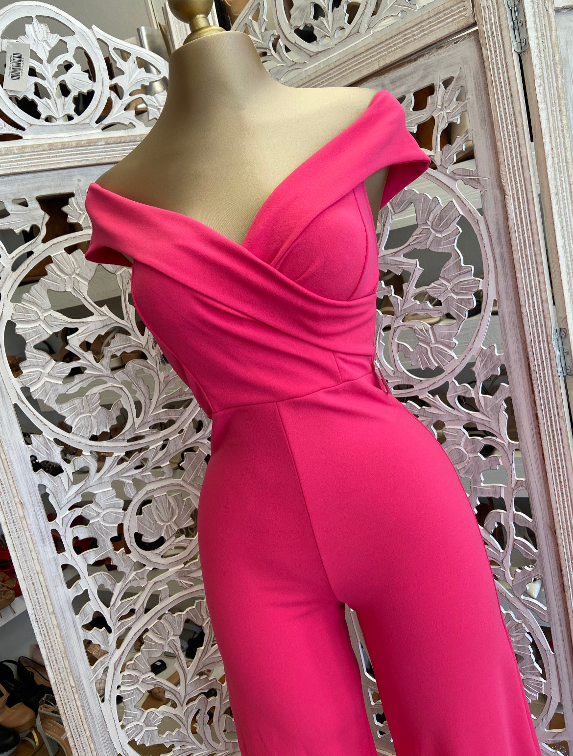 Off Shoulder Hot Pink Jumpsuit