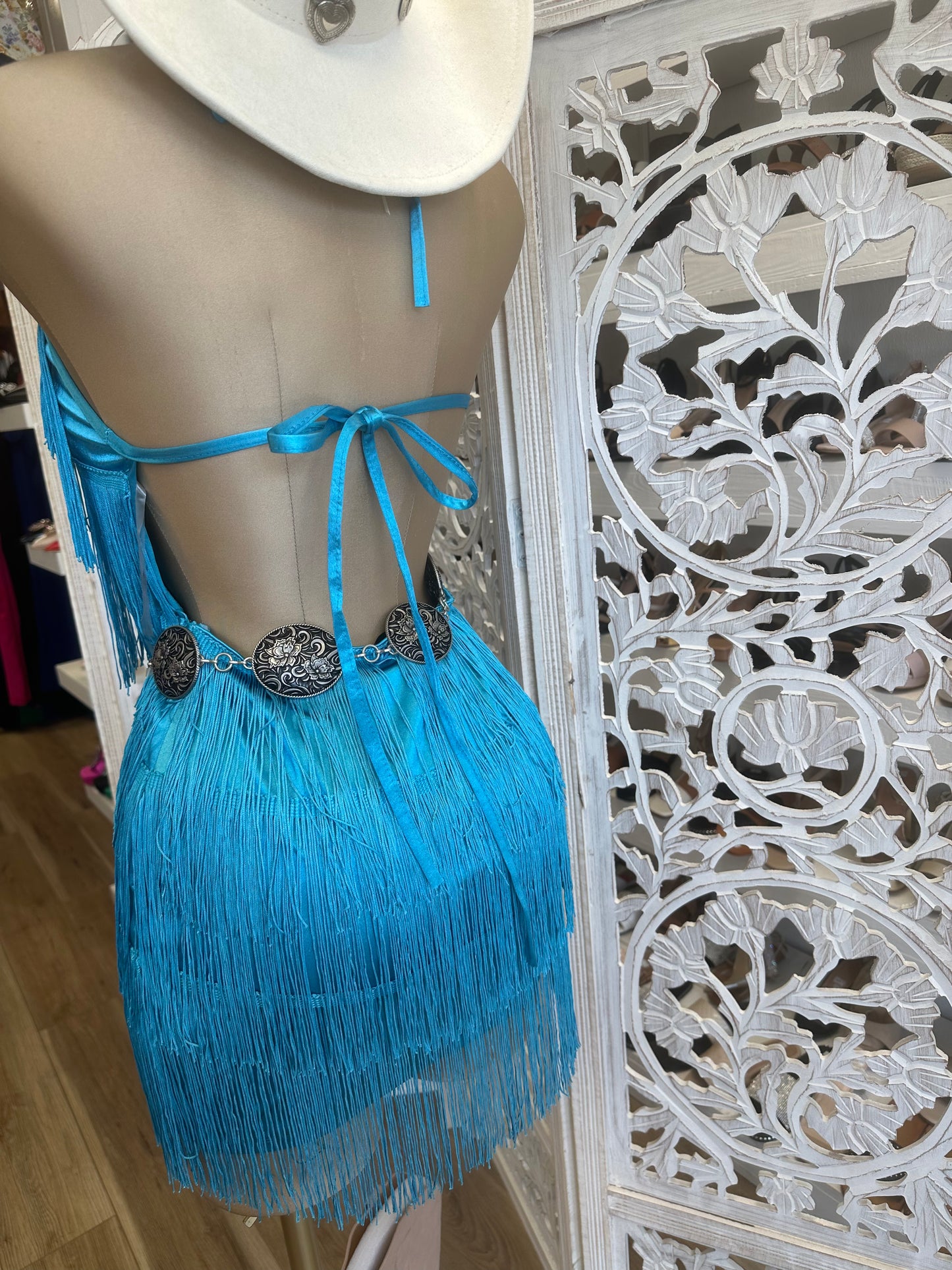 True Blue Halter Fringe Dress