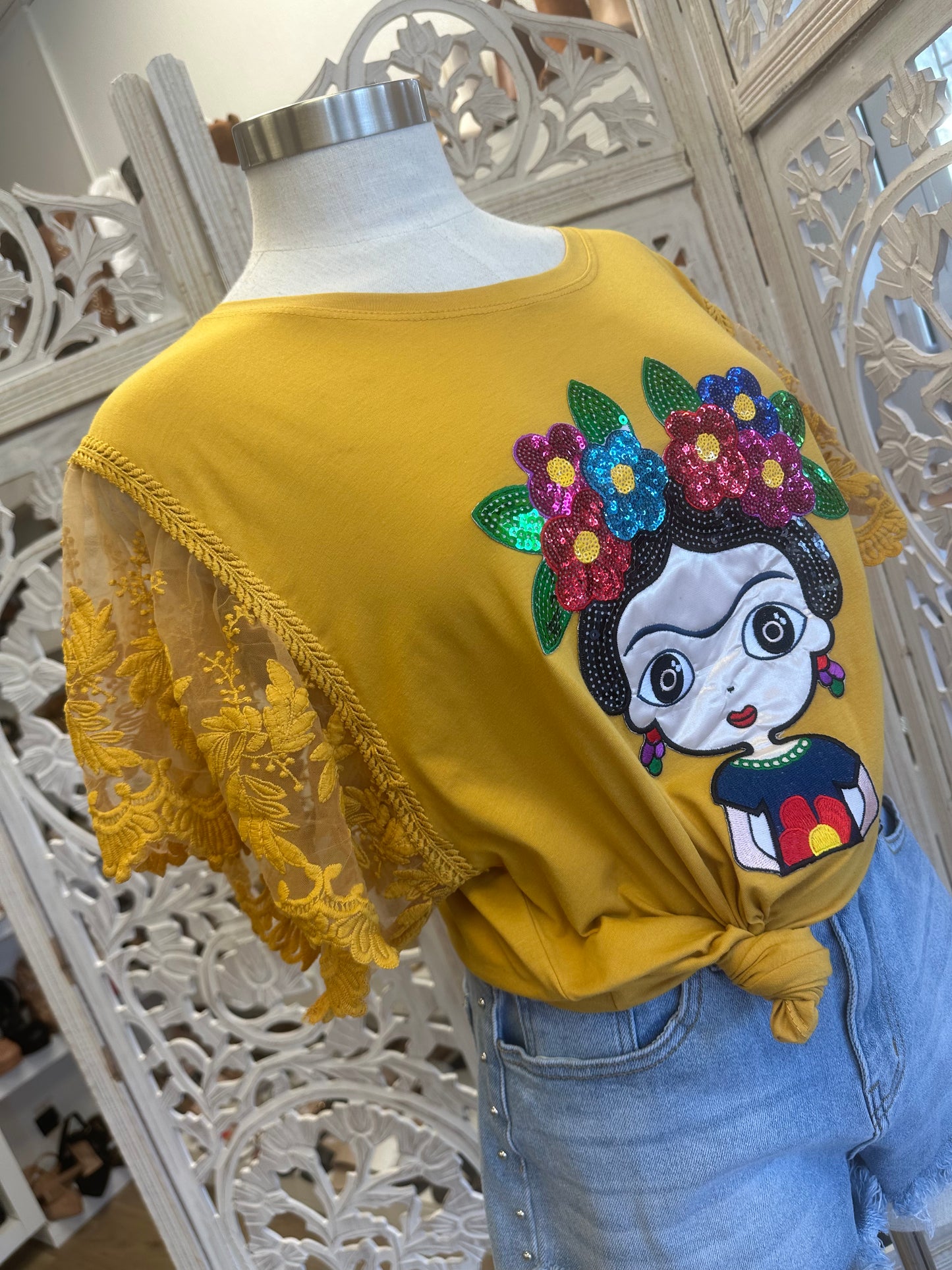 Mustard Lace Sleeve Graphic Top