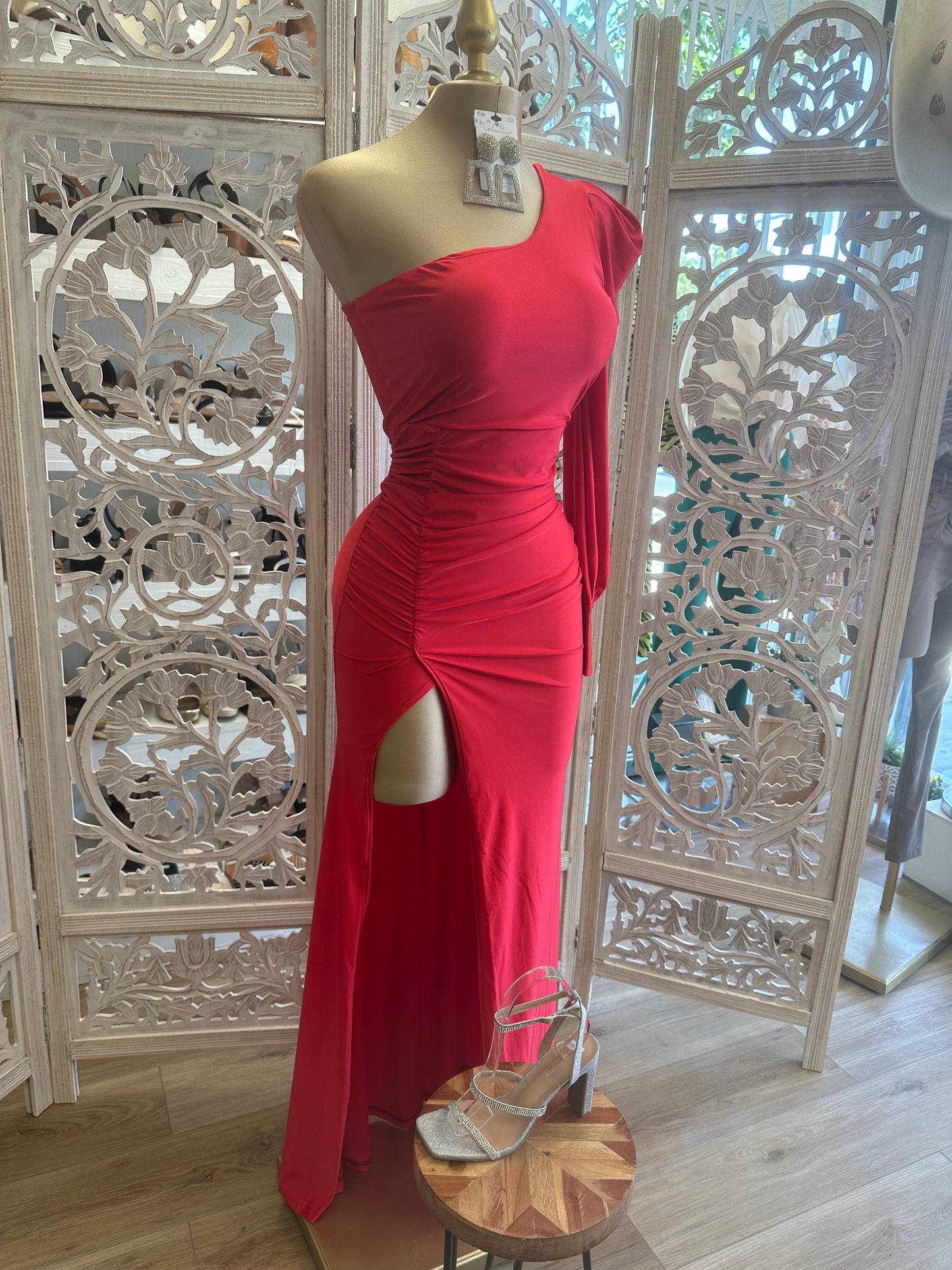 Red Puff Sleeve Formal Dress