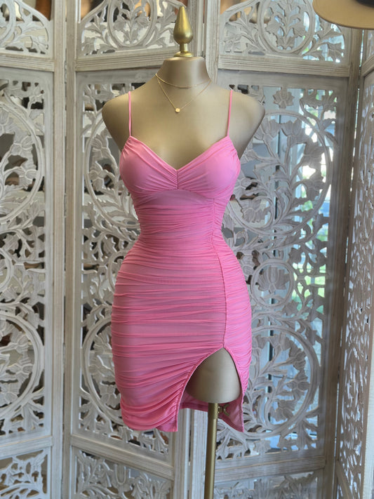 Flamingo Pink Slit Mini Dress