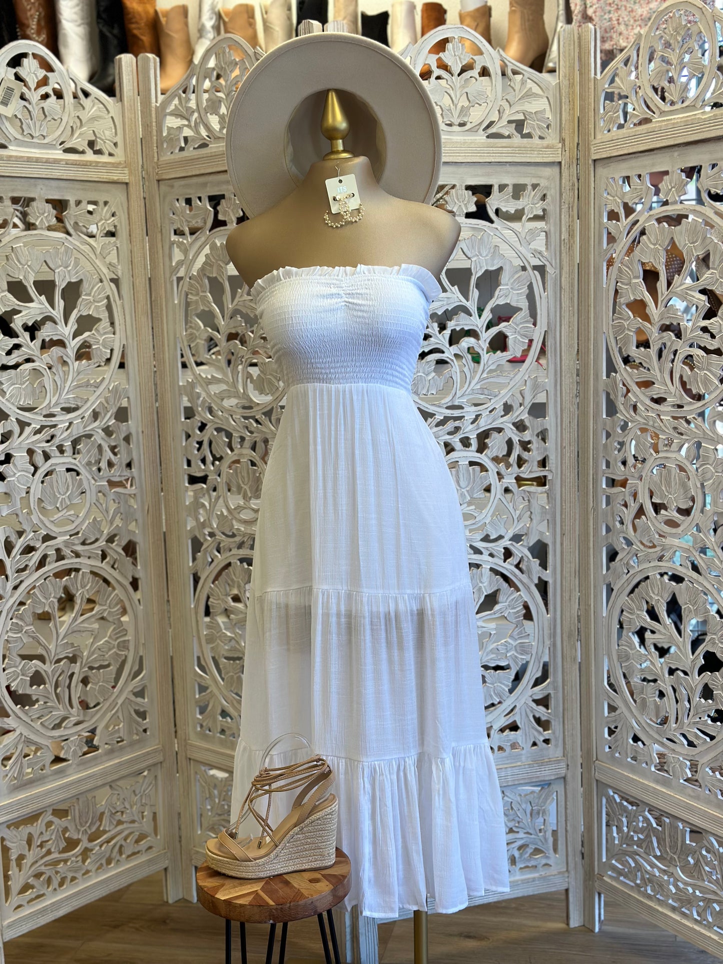 White Strapless Smocked Midi Dress