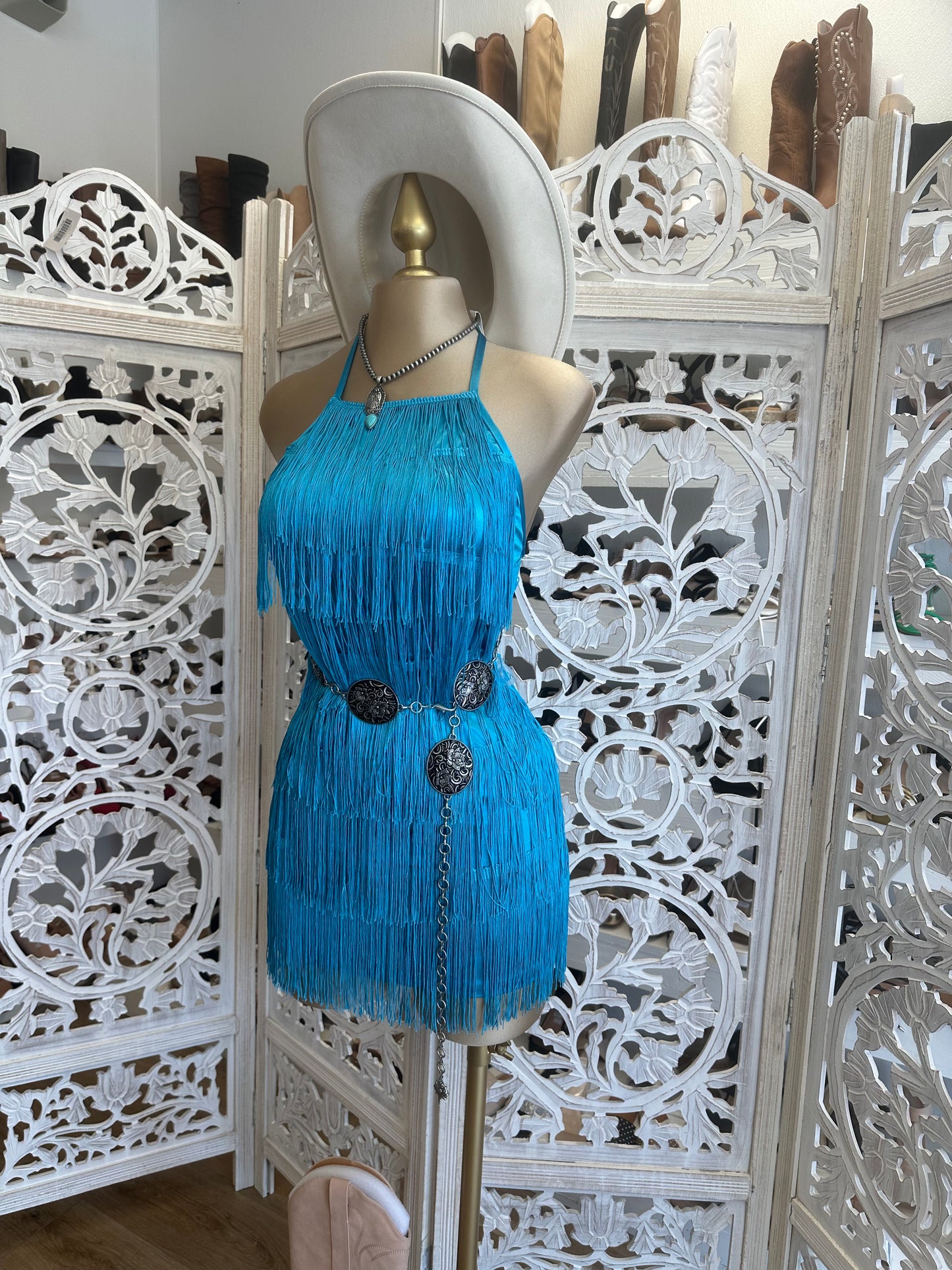 True Blue Halter Fringe Dress