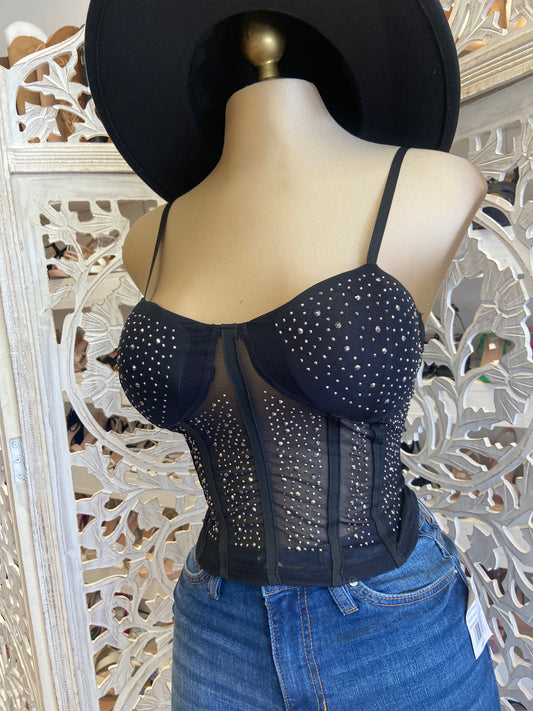 Mesh Rhinestone Corset Top