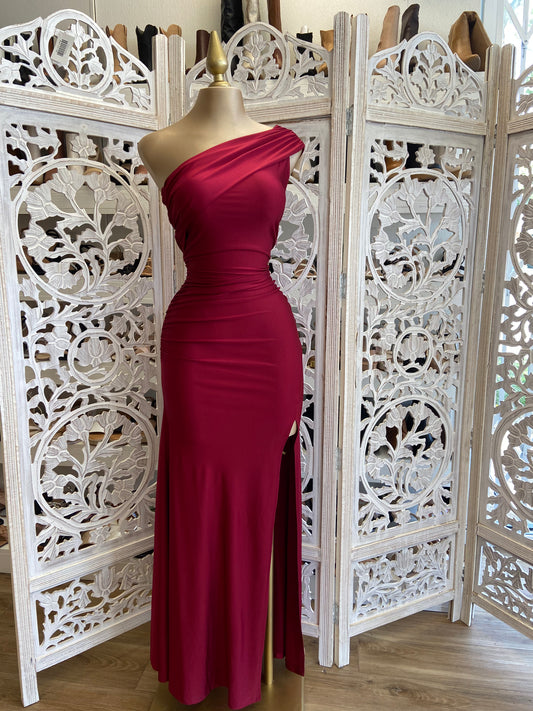 Wine One Sleeve Formal Dress