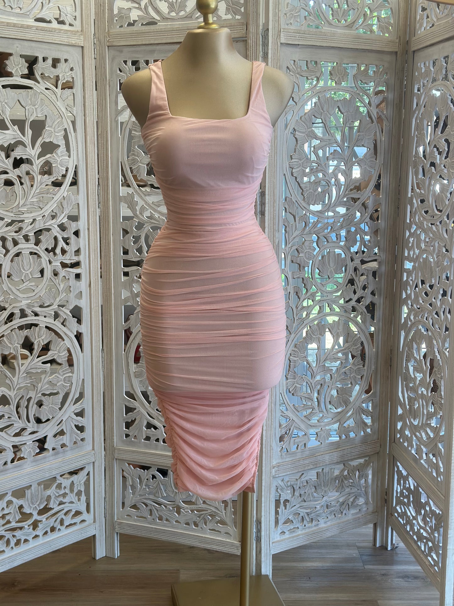 Baby Pink Ruched Midi Dress