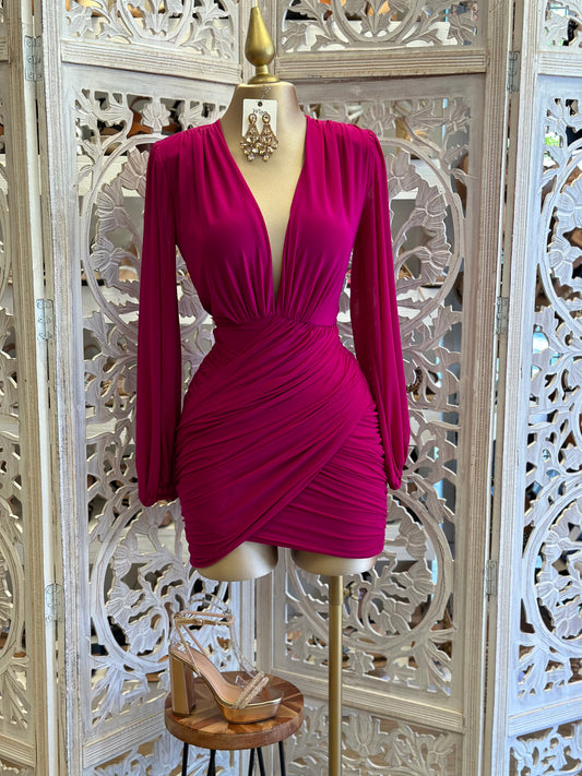 Raspberry Draped V Mini Dress