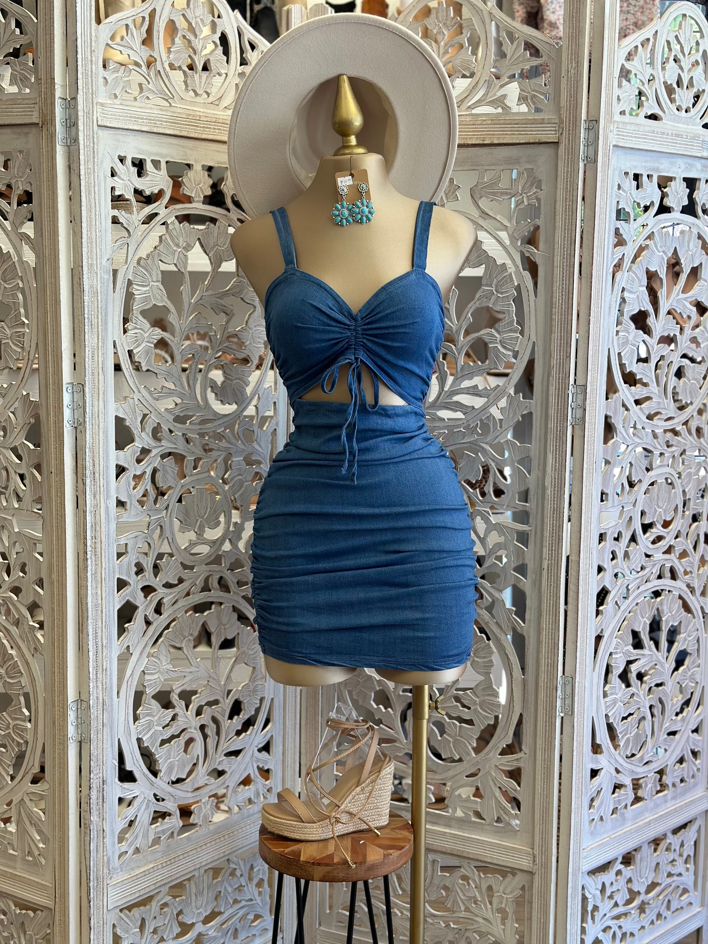 Denim Scrunched Cutout Dress