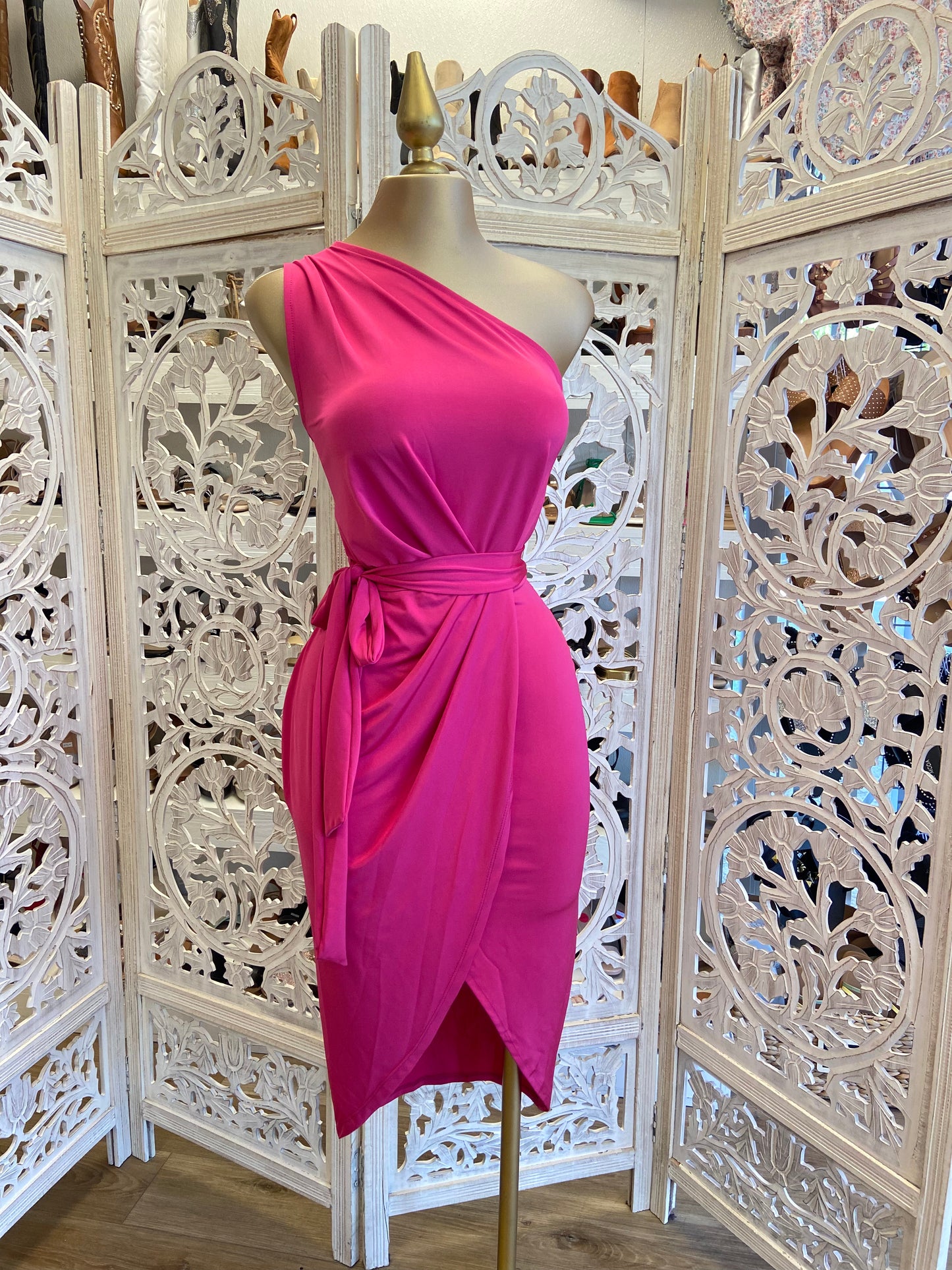 Hot Pink One Sleeve Draped Dress