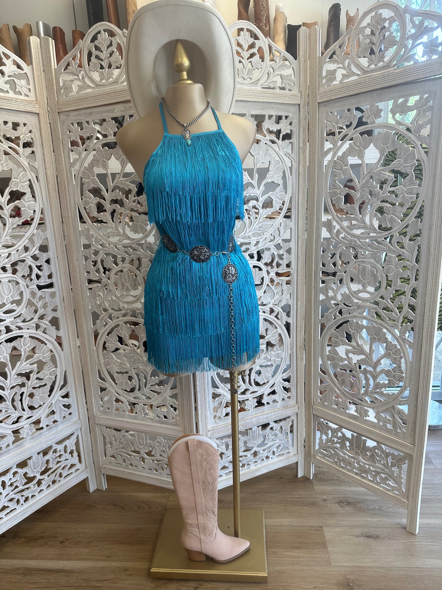 True Blue Halter Fringe Dress