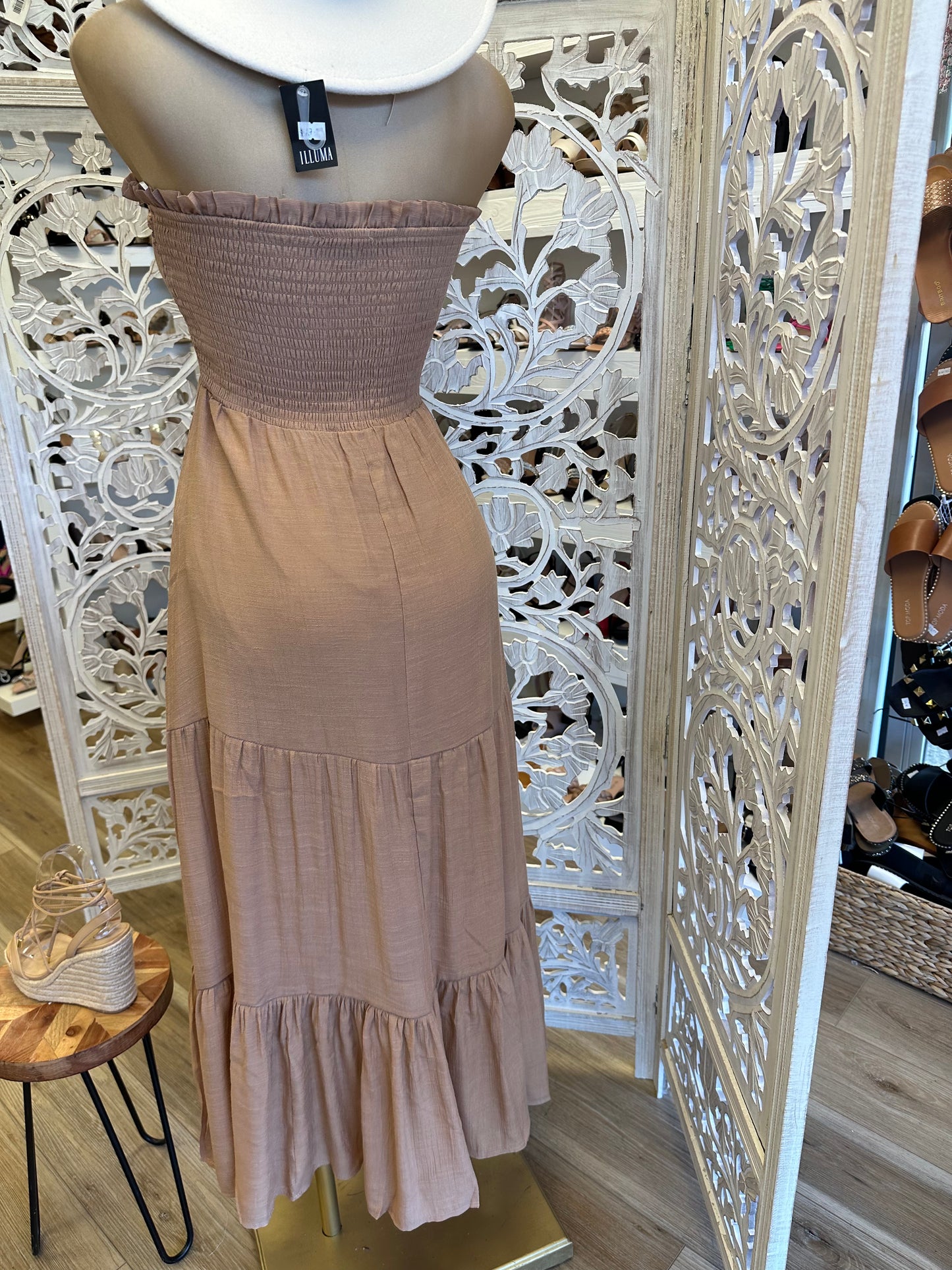 Brown Strapless Smocked Midi Dress