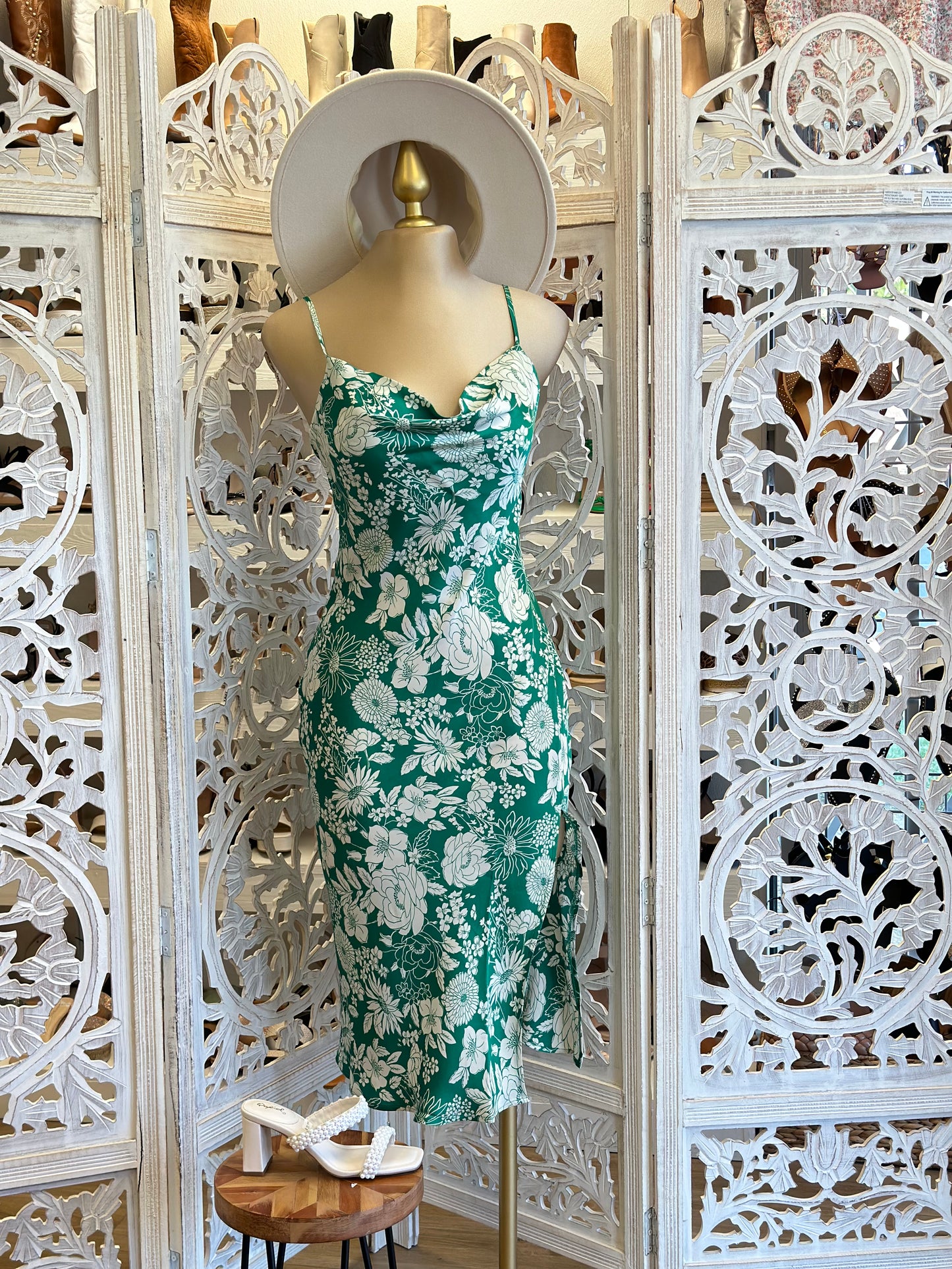 Green Flower Cowl Neck Midi Dress