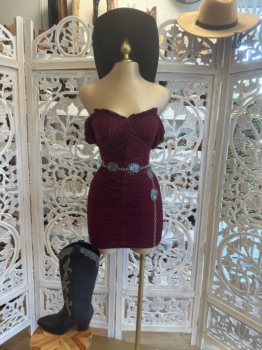 Burgundy Ruched Mini Dress