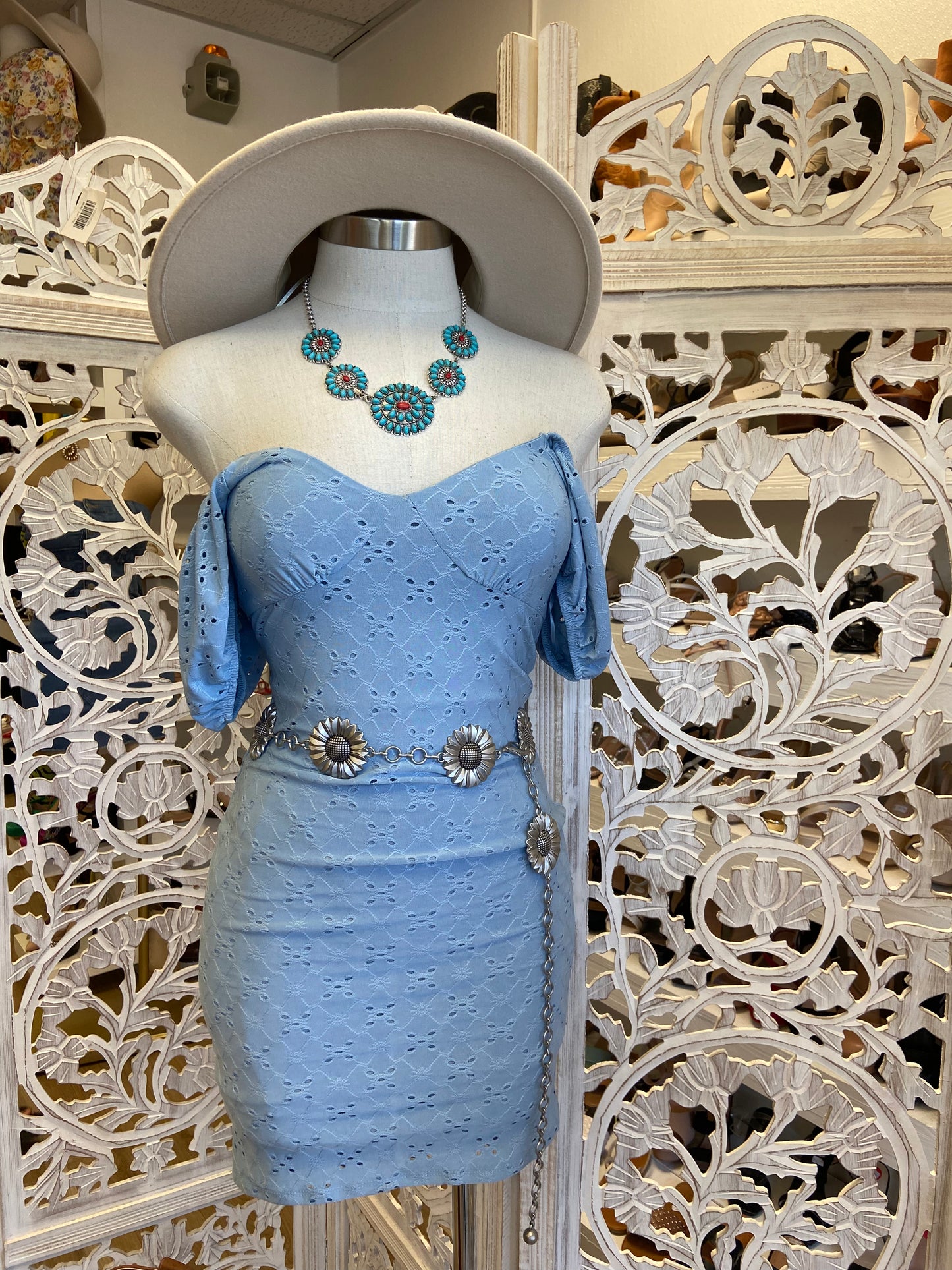 Blue Eyelet Body Con Dress